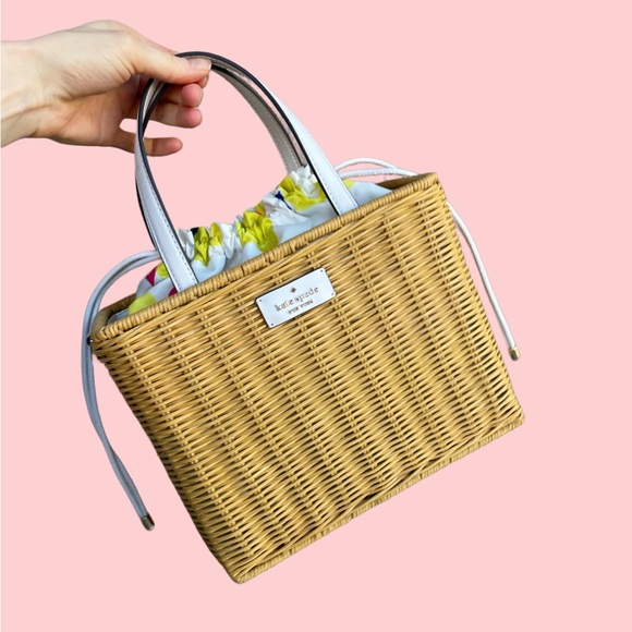 KATE SPADE Wicker Rattan Lemon Zest Printed Woven Picnic Satchel Box Bag - Picture 1 of 16